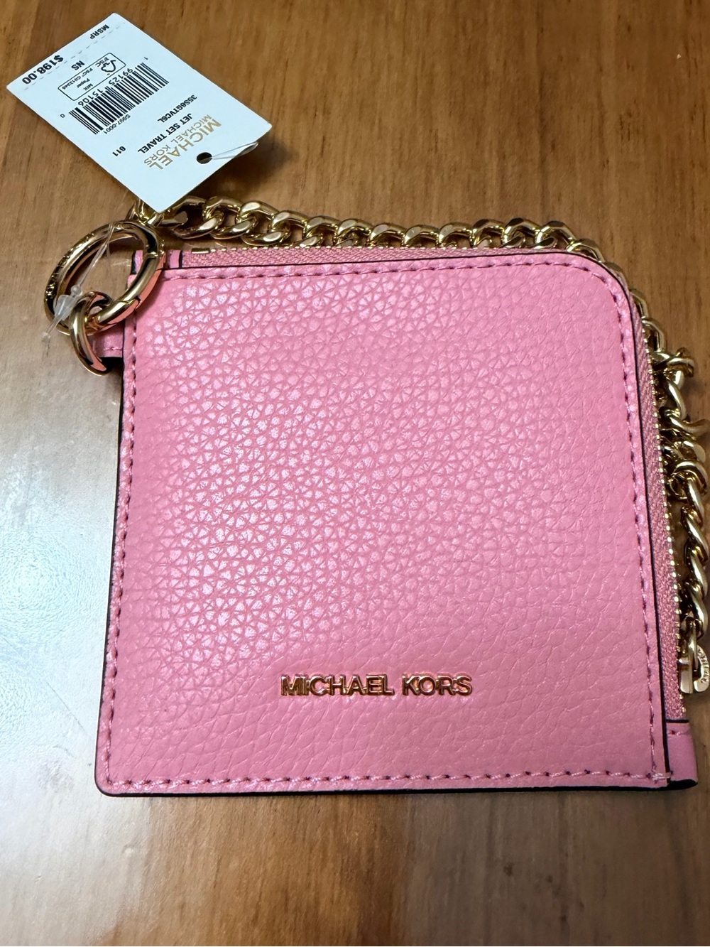 Michael Kors Pink Leather Zip Card Case with Gold Chain